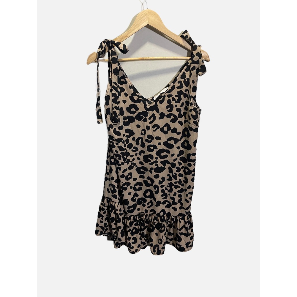 Karlie Leopard Tie Shoulder Ruffle Bottom Dress Womens S Tan Black Animal‎ Print